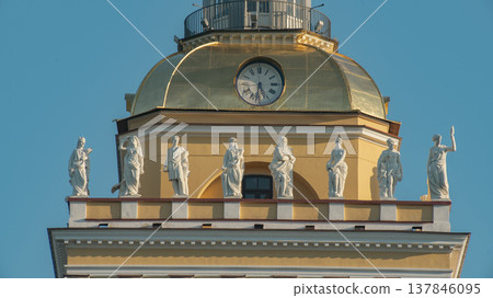 Golden Admiralty Tower Clock with Antique Statues in Saint Petersburg with copy space Golden Admiralty Tower Clock with Antique Statues in Saint Petersburg with copy space 137846095