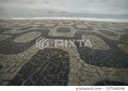 Iconic Geometric Mosaic Sidewalk at Ipanema Beach in Rio de Janeiro with copy space Iconic Geometric Mosaic Sidewalk at Ipanema Beach in Rio de Janeiro with copy space 137846096