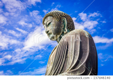 Daibutsu or Great Buddha of Kamakura in Kotokuin Temple with blue sky background at Kanagawa Prefecture Japan It is an important landmark and a popular destination for tourists and pilgrims. 137846140