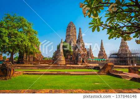 Landscape of Wat Chaiwatthanaram Temple in Buddhist temple Is a temple built in ancient times at Ayutthaya Historical Park near Bangkok. Thailand 137846146