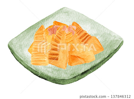 手繪水彩插圖,描繪了用土佐風味醬汁燉煮的竹筍 手繪水彩插圖,描繪了用土佐風味醬汁燉煮的竹筍 137846312