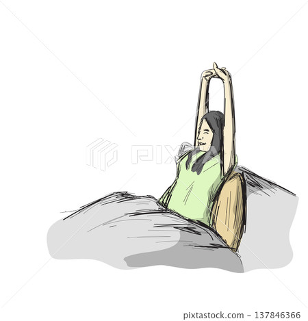 young woman waking up in the morning and stretching in bed illustration vector sketch with black lines 137846366