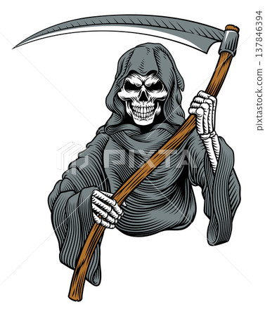 Grim Reaper Death Skeleton Vintage Woodcut Style 137846394