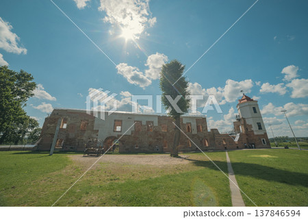 Ancient brick walls and tower of Halshany Castle ruins with copy space Ancient brick walls and tower of Halshany Castle ruins with copy space 137846594