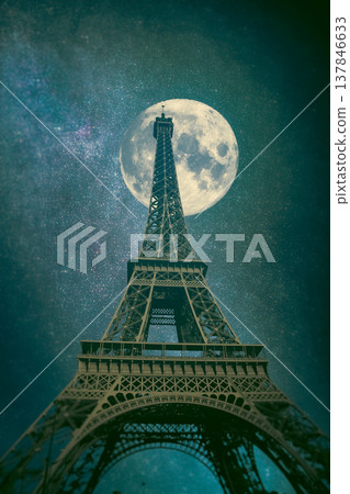 Dreamy Eiffel Tower at Night with Giant Full Moon and Milky Way with copy space Dreamy Eiffel Tower at Night with Giant Full Moon and Milky Way with copy space 137846633