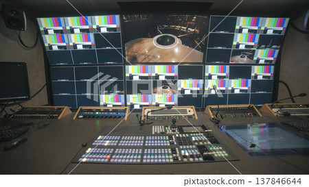Professional broadcast control room with video switcher and multiview monitors with copy space 137846644