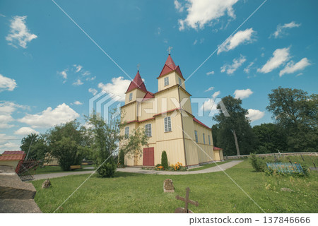 Wooden Baroque Church in Dudy village with blue sky and copy space Wooden Baroque Church in Dudy village with blue sky and copy space 137846666