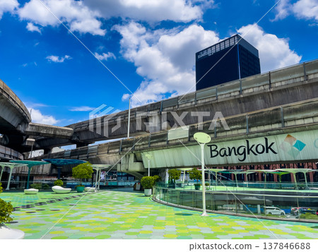 Bridge with Bangkok logo in front of MBK shopping center in the middle of the city and is a popular place for billboards advertising birthdays of artists. 137846688