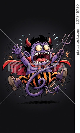 A comical illustration of a demon character who is surprised and falls over. 137846780
