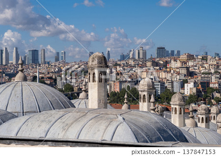 Traditional domes rise above the city, showcasing a blend of history and modernity along the Bosphorus, with a vibrant urban skyline in the background. 137847153