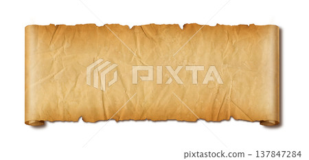 Old crumpled mediaeval Parchment paper scroll isolated on white Old crumpled mediaeval Parchment paper scroll isolated on white 137847284