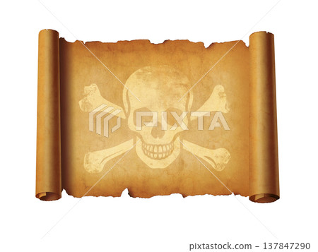 Old Pirate skull parchment scroll isolated on white Old Pirate skull parchment scroll isolated on white 137847290