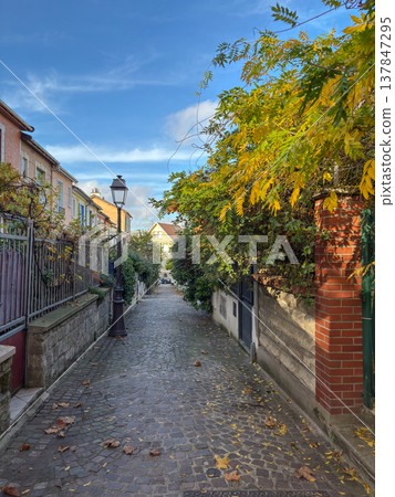 Mouzaia cobblestone alley with autumn colors in Paris 19th France Mouzaia cobblestone alley with autumn colors in Paris 19th France 137847295