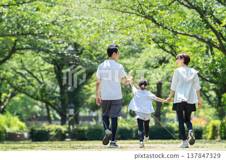 Rear view of a family walking in a park with fresh green leaves 137847329