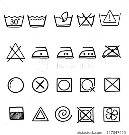 Laundry care label symbols collection. Clothes washing instruction icon vector set. Isolated care tag sign on white background. Vector illustration Laundry care label symbols collection. Clothes washing instruction icon vector set. Isolated care tag sign on white background. Vector illustration 137847633