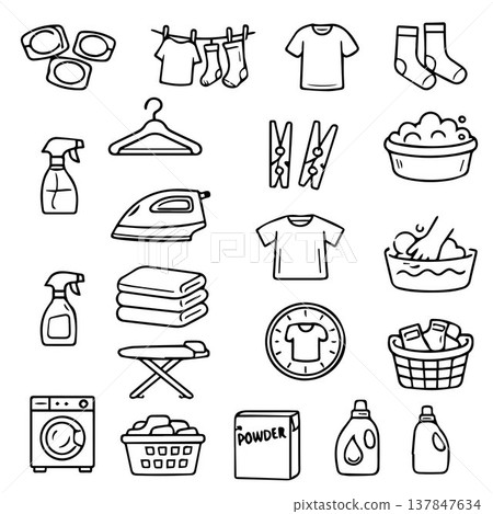Hand-drawn sketch of laundry room essentials including a washing machine, detergent, socks on a line, ironing board, laundry basket, and ironing board with iron. Hand-drawn sketch of laundry room essentials including a washing machine, detergent, socks on a line, ironing board, laundry basket, and ironing board with iron. 137847634