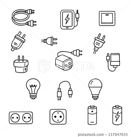 A set of doodle elements: electrical outlet, battery, extension cord, batteries, light bulbs, power cable, and charger. Vector image. 137847635