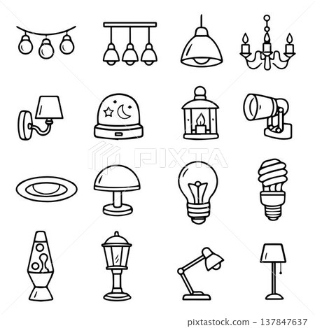 Lamp outline icon set. Line art vector floor lamp, nightlights, chandeliers ceiling lamp, table lamp. Linear sketches of interior light furniture for decor. Vector illustration isolated on white. 137847637