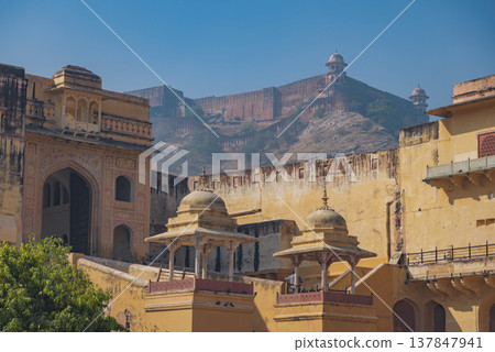 Historic Amber Fort and Jaigarh Fort View in Jaipur India with copy space 137847941