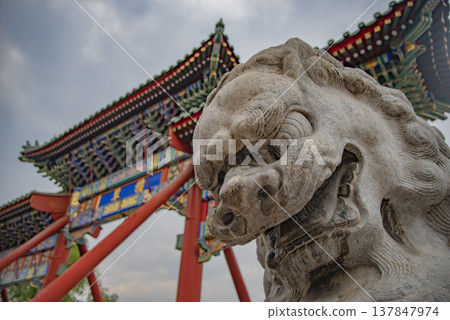 Security and Protection Concept with Stone Guardian Lion in Asia with copy space Security and Protection Concept with Stone Guardian Lion in Asia with copy space 137847974