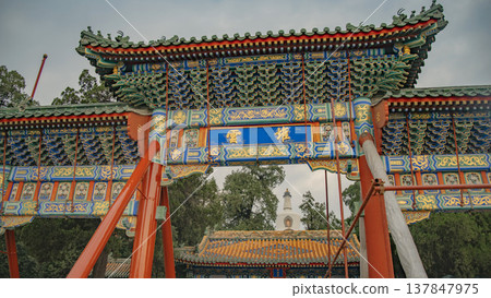 Traditional Chinese Archway and White Pagoda in Beihai Park Beijing with copy space Traditional Chinese Archway and White Pagoda in Beihai Park Beijing with copy space 137847975