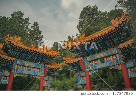 Two Imperial Chinese Gate Arches with Ornate Roofs in Beijing with copy space 137847980