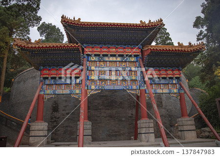 Magnificent Three-Arch Chinese Gate Paifang in Beijing with copy space 137847983