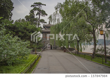 Quiet Alley with Traditional Pavilion in Beijing Beihai Park with copy space 137847984