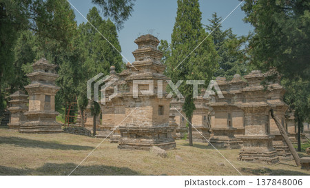 Ancient Buddhist Pagoda Forest at Shaolin Temple with copy space Ancient Buddhist Pagoda Forest at Shaolin Temple with copy space 137848006