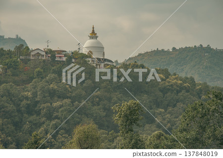 World Peace Pagoda Shanti Stupa on Hill in Pokhara Nepal with copy space World Peace Pagoda Shanti Stupa on Hill in Pokhara Nepal with copy space 137848019