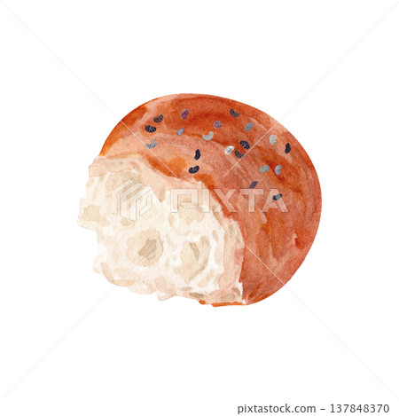 Torn bread bun with poppy seeds, watercolor illustration. Hand painted food isolated on white background. Fresh pastry realistic baked bread roll for menu, packaging, bakery design, food illustration Torn bread bun with poppy seeds, watercolor illustration. Hand painted food isolated on white background. Fresh pastry realistic baked bread roll for menu, packaging, bakery design, food illustration 137848370