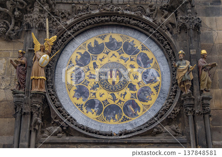Close-up of Prague Astronomical Clock Calendar with Zodiac Symbols and Sculptures with Copy Space Close-up of Prague Astronomical Clock Calendar with Zodiac Symbols and Sculptures with Copy Space 137848581