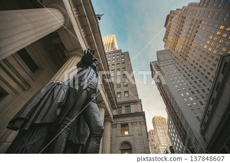 George Washington Statue at Federal Hall on Wall Street with Sky Copy Space in New York City 137848607