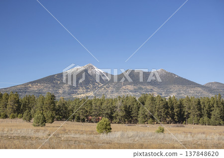 Majestic Snow Capped Humphreys Peak in Flagstaff Arizona with Pine Forest and Copy Space Majestic Snow Capped Humphreys Peak in Flagstaff Arizona with Pine Forest and Copy Space 137848620