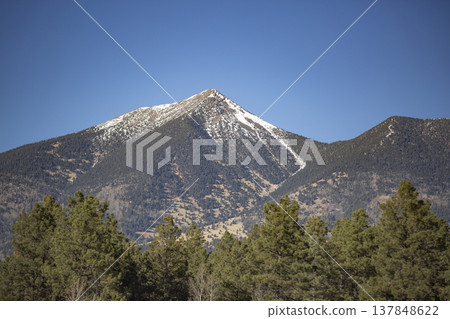Majestic Humphreys Peak Snow Capped Mountain with Pine Forest and Copy Space Majestic Humphreys Peak Snow Capped Mountain with Pine Forest and Copy Space 137848622