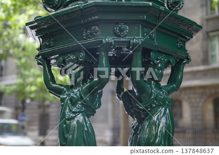 Iconic Green Wallace Fountain with Caryatid Sculptures in Paris with Copy Space Iconic Green Wallace Fountain with Caryatid Sculptures in Paris with Copy Space 137848637