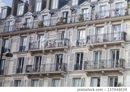 Traditional Parisian Architecture with French Balconies and White Shutters with Copy Space Traditional Parisian Architecture with French Balconies and White Shutters with Copy Space 137848639