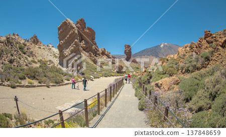 Tourists Walking on Roques de Garcia Trail in Teide National Park, Tenerife with Copy Space 137848659