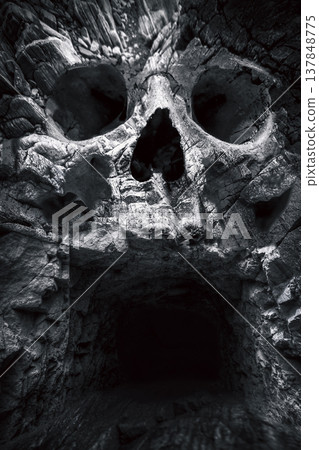 Optical Illusion Giant Human Skull Shaped Cave Entrance with Copy Space 137848775