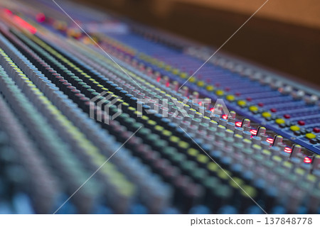 Professional Audio Mixing Console with Glowing Indicators and Copy Space for Music Production Professional Audio Mixing Console with Glowing Indicators and Copy Space for Music Production 137848778