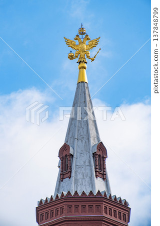 Golden Double-Headed Eagle on Moscow Historical Museum Spire with Sky Copy Space Golden Double-Headed Eagle on Moscow Historical Museum Spire with Sky Copy Space 137848799