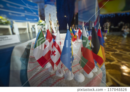 International Flags of Different Countries at Official Summit with Copy Space for Global Concept 137848826