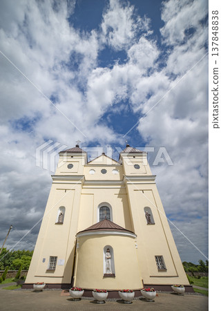 Baroque Catholic Church of St. Michael the Archangel in Mikhalishki Belarus with Sky Copy Space Baroque Catholic Church of St. Michael the Archangel in Mikhalishki Belarus with Sky Copy Space 137848838