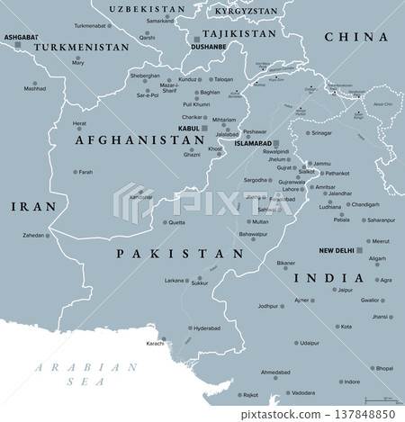 Afghanistan and Pakistan, South Asia, gray political map with international borders, capitals, largest cities, with Wakhan Corridor in the Hindu Kush, Kashmir region, and other claimed regions. Vector Afghanistan and Pakistan, South Asia, gray political map with international borders, capitals, largest cities, with Wakhan Corridor in the Hindu Kush, Kashmir region, and other claimed regions. Vector 137848850