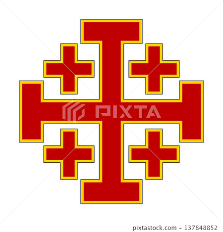 Colored Jerusalem cross, five-fold Cross, or also cross-and-crosslets. A Christian cross used in heraldry, consisting of a large cross potent surrounded by 4 small Greek crosses. Illustration. Vector Colored Jerusalem cross, five-fold Cross, or also cross-and-crosslets. A Christian cross used in heraldry, consisting of a large cross potent surrounded by 4 small Greek crosses. Illustration. Vector 137848852