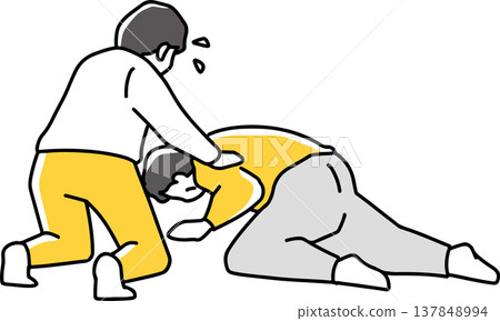 A man expresses concern for the person who has collapsed. A man expresses concern for the person who has collapsed. 137848994