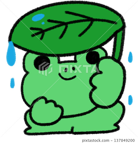 A hand-drawn illustration of a frog using a leaf as an umbrella in the rain. 137849200