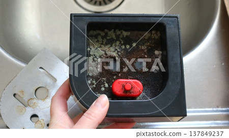 A hand holds a coffee machine drip tray over an empty metal sink; the container from a home coffee machine holds residual coffee grounds covered in fungus and mold, evidence of poor appliance 137849237