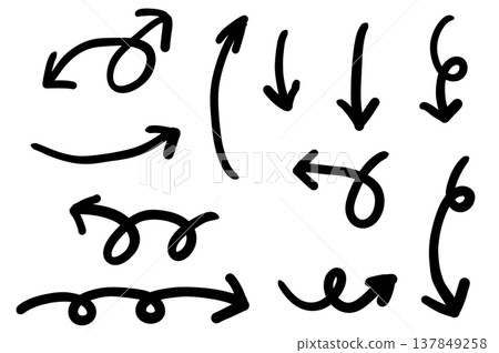 A set of black arrows drawn in monochrome ink. A set of black arrows drawn in monochrome ink. 137849258
