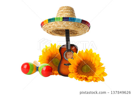 Sombrero next to a guitar and maracas, isolated, PNG Sombrero next to a guitar and maracas, isolated, PNG 137849626